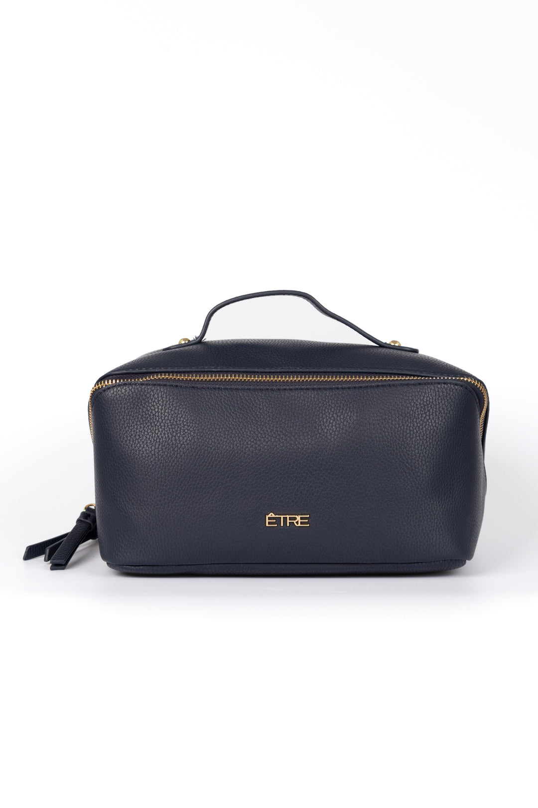 navy blue faux leather vanity case with a top handle. the cosmetics bag has zip fastening closure.