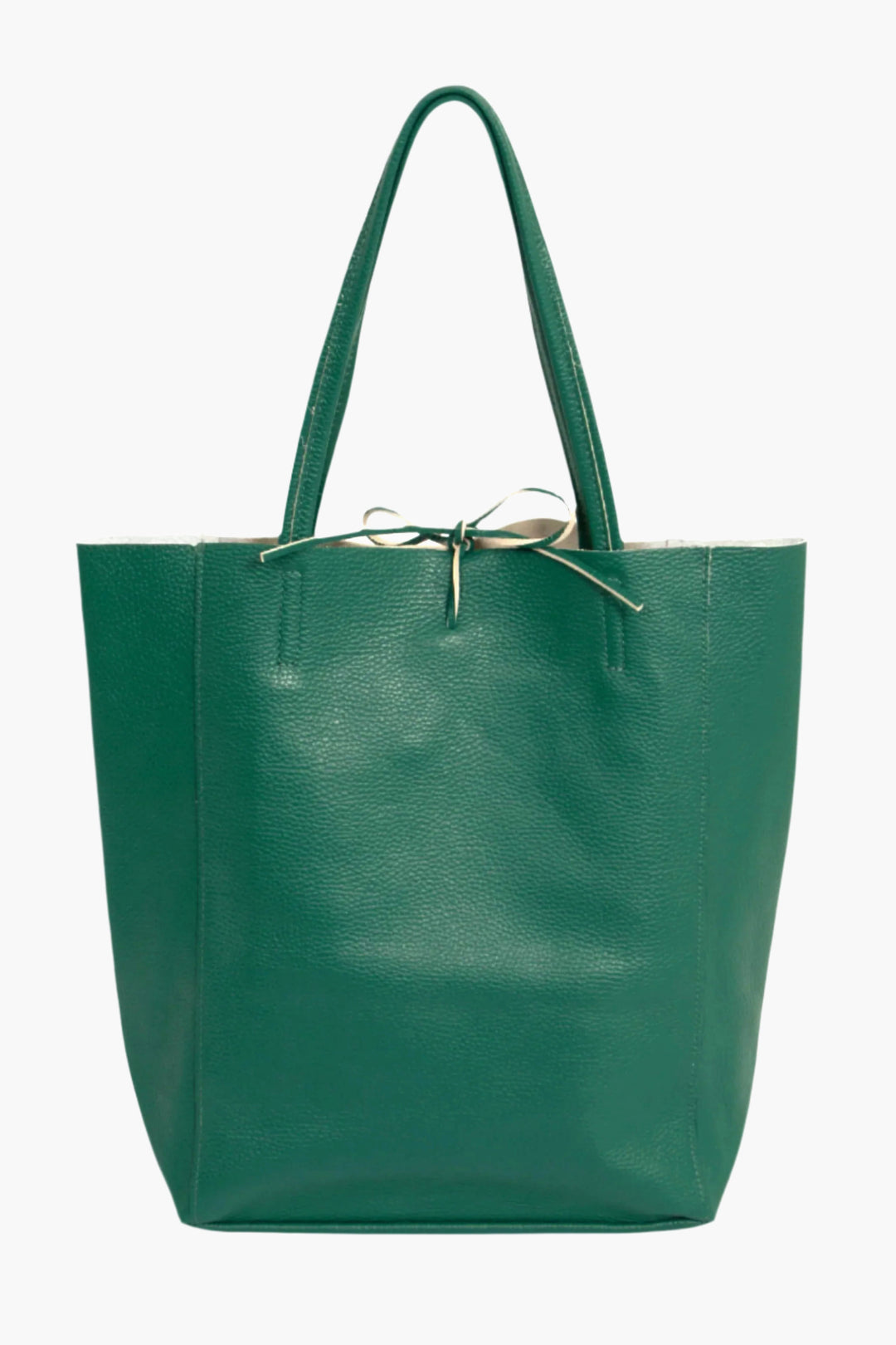 emerald green pebbled leather tote bag with a top tie fastening and thin top carry handles.