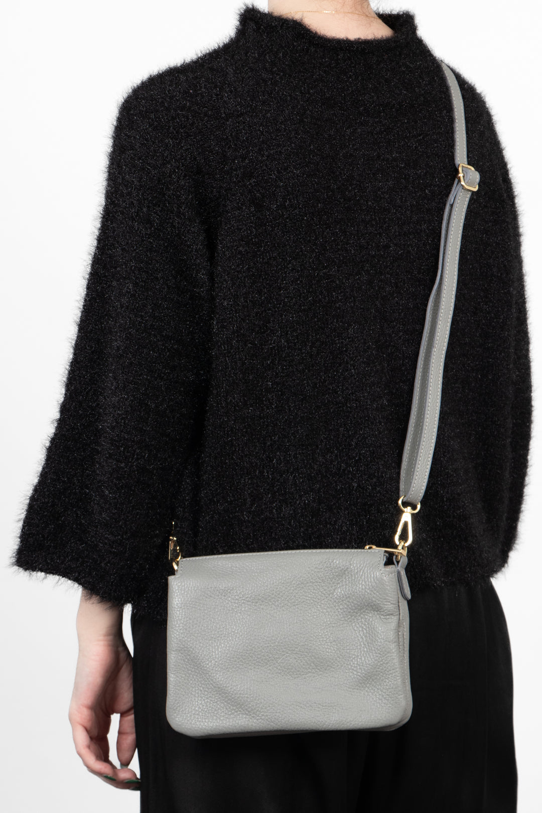 Gia - Italian Leather Crossbody Bag - Light Grey, Pebbled
