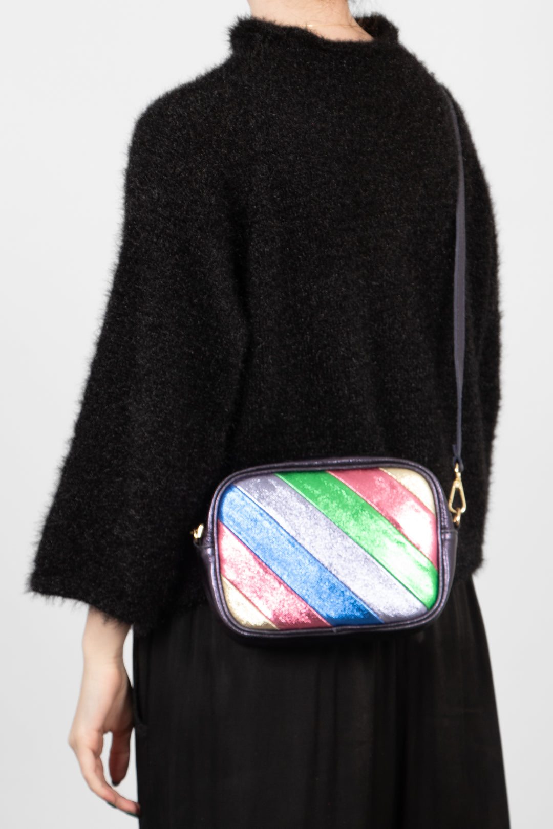 beau-italian-leather-crossbody-bag-navy-blue-rainbow-metallic-worn-by-model