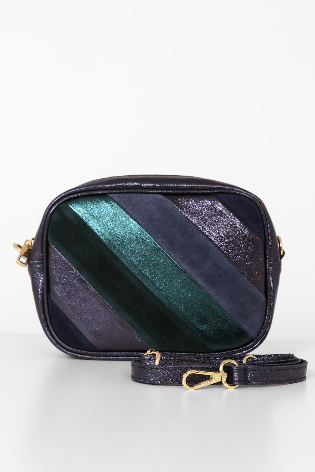 blue and purple striped metallic leather crossbody camera bag