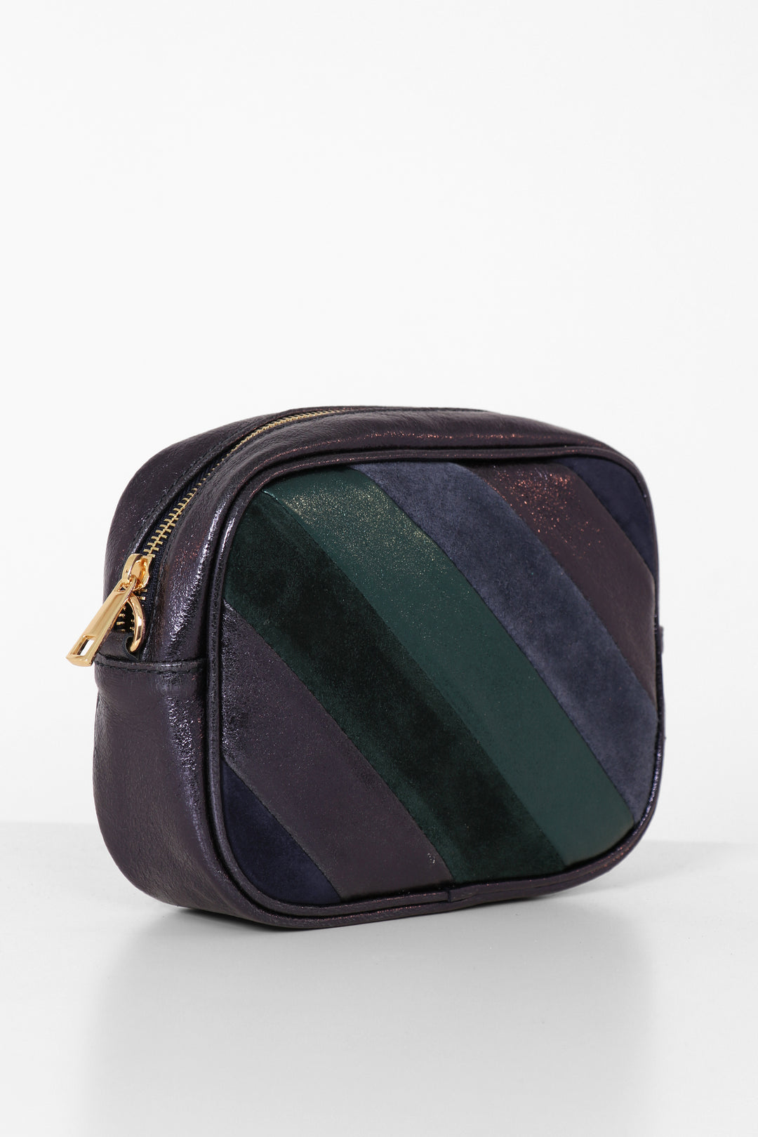purple metallic camera bag with gold zip closure on the top
