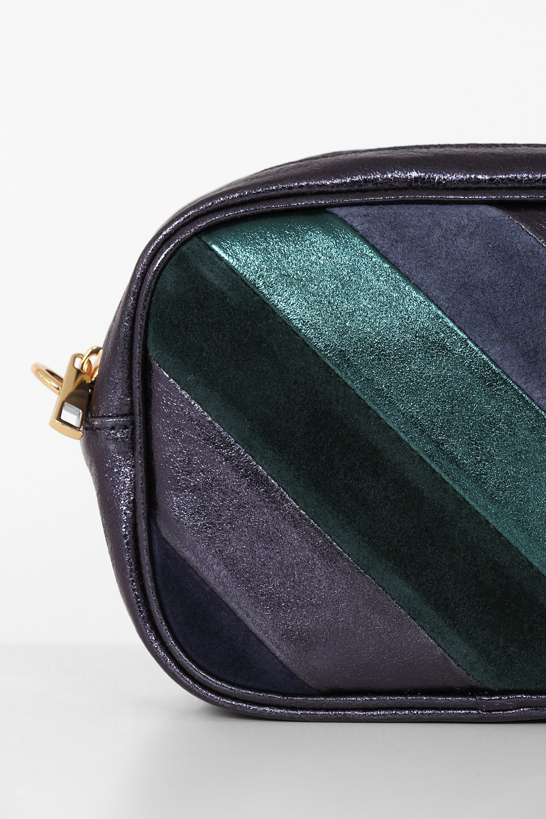close up of the metallic striped leather