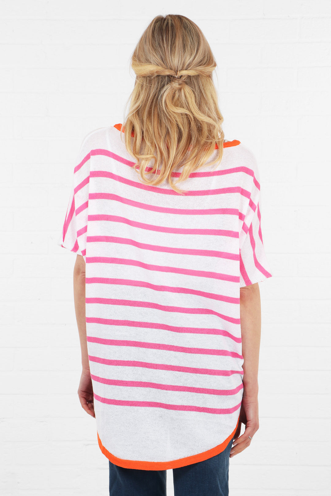 Striped Short Sleeve Cotton Knitted Top with Contrasting Trim in White Orange and Fuchsia
