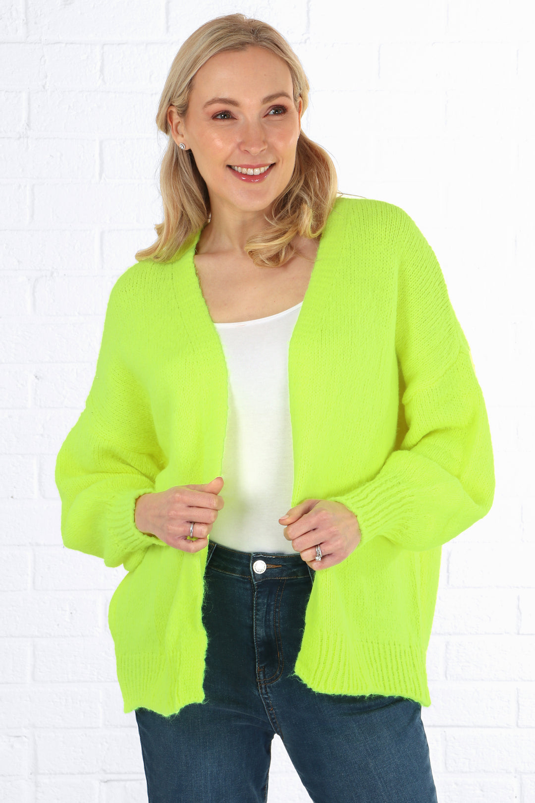 open front neon yellow knitted wool blend cardigan