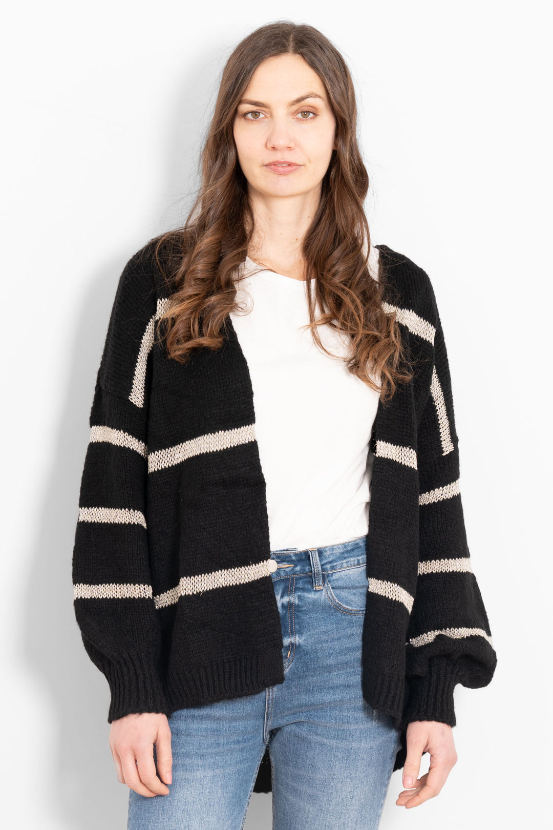 lucy-wool-blend-cardigan-black-gold-stripe-front-view-on-model