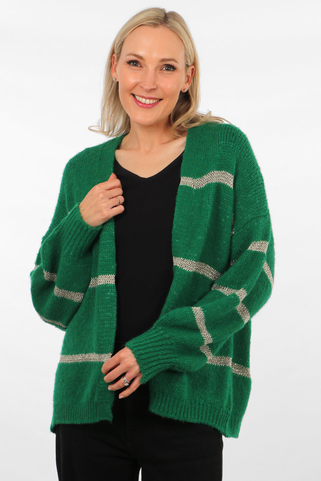 lucy-wool-blend-cardigan-green-gold-striped-model-front-view