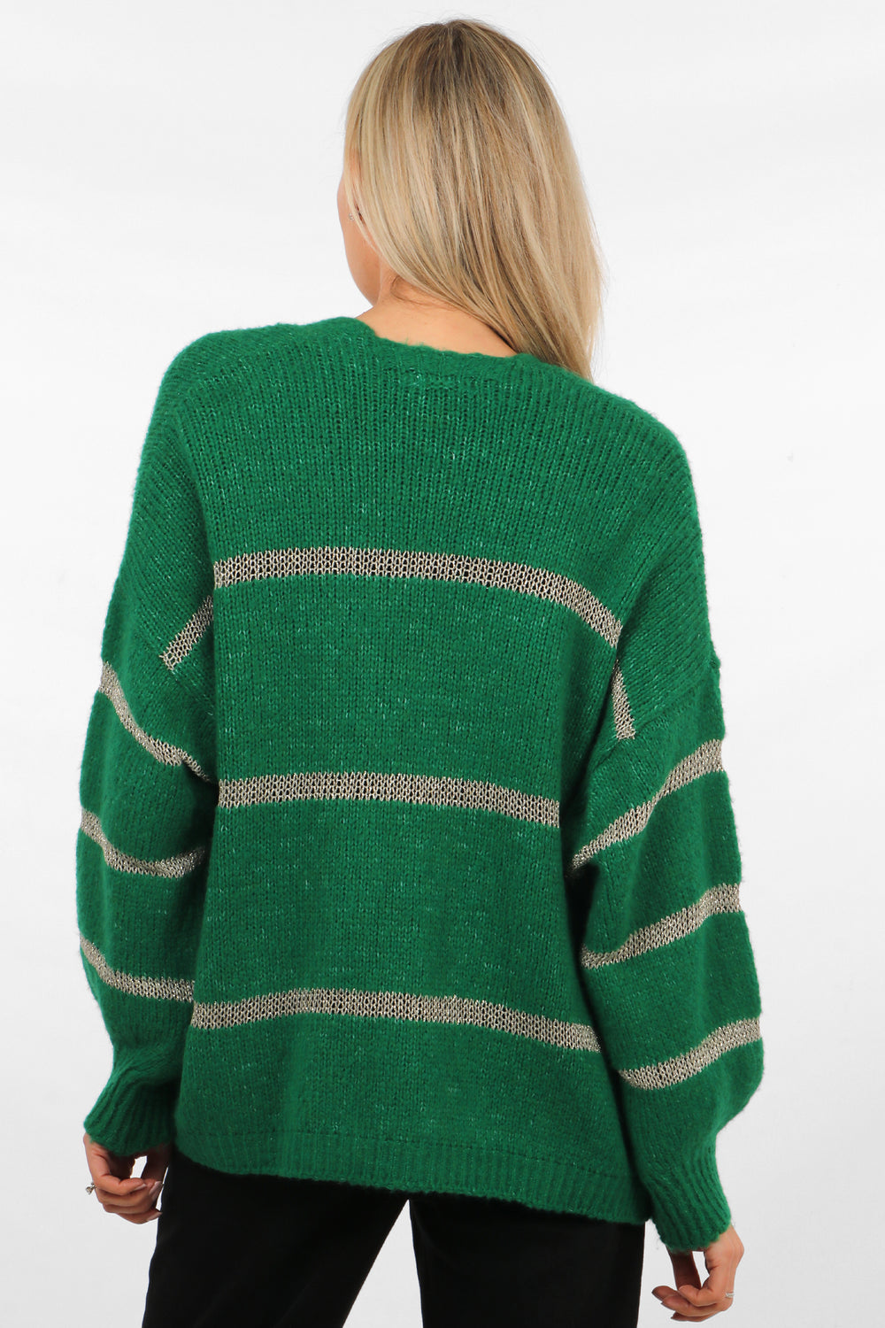 lucy-wool-blend-cardigan-green-gold-striped-model-rear