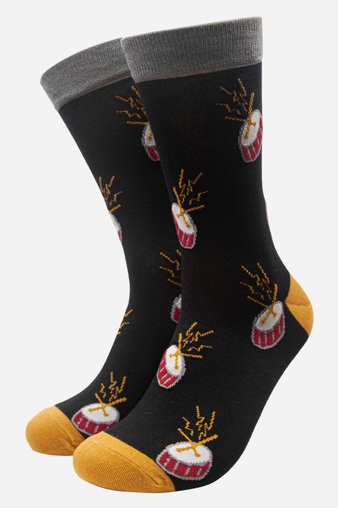 black mens bamboo socks featuring an all over pattern of musical drums