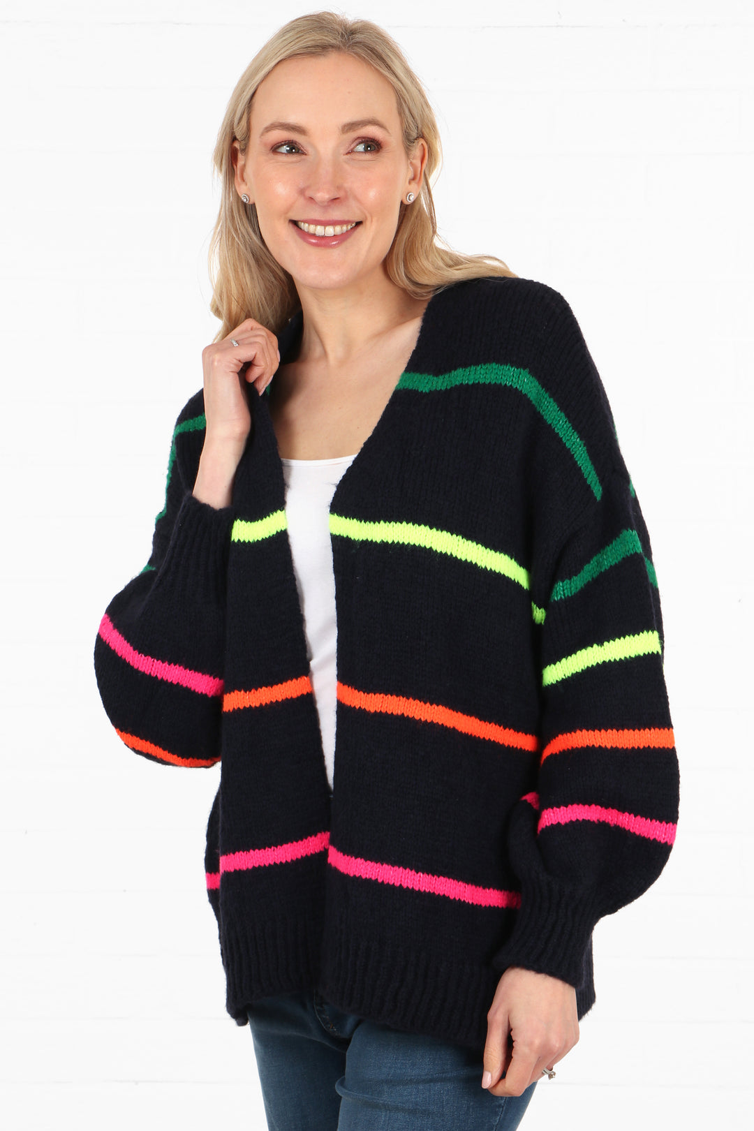 navy blue knitted cardigan with thin horizontal stripes, stripes are green, yellow, orange and pink