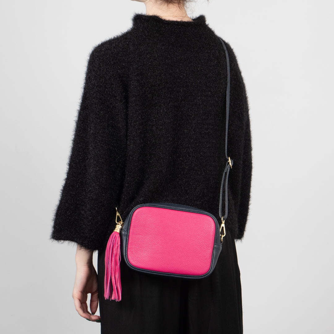 Beau - Italian Leather Crossbody Bag - Fuchsia/Navy Blue, Pebbled