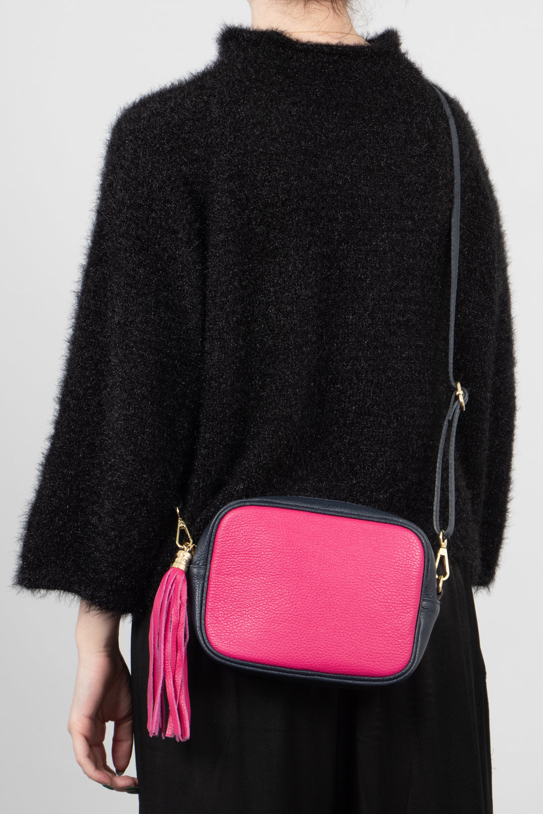 Beau - Italian Leather Crossbody Bag - Fuchsia/Navy Blue, Pebbled