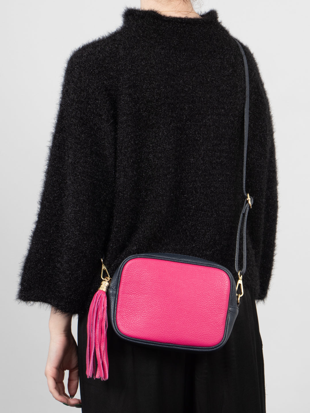 Beau - Italian Leather Crossbody Bag - Fuchsia/Navy Blue, Pebbled
