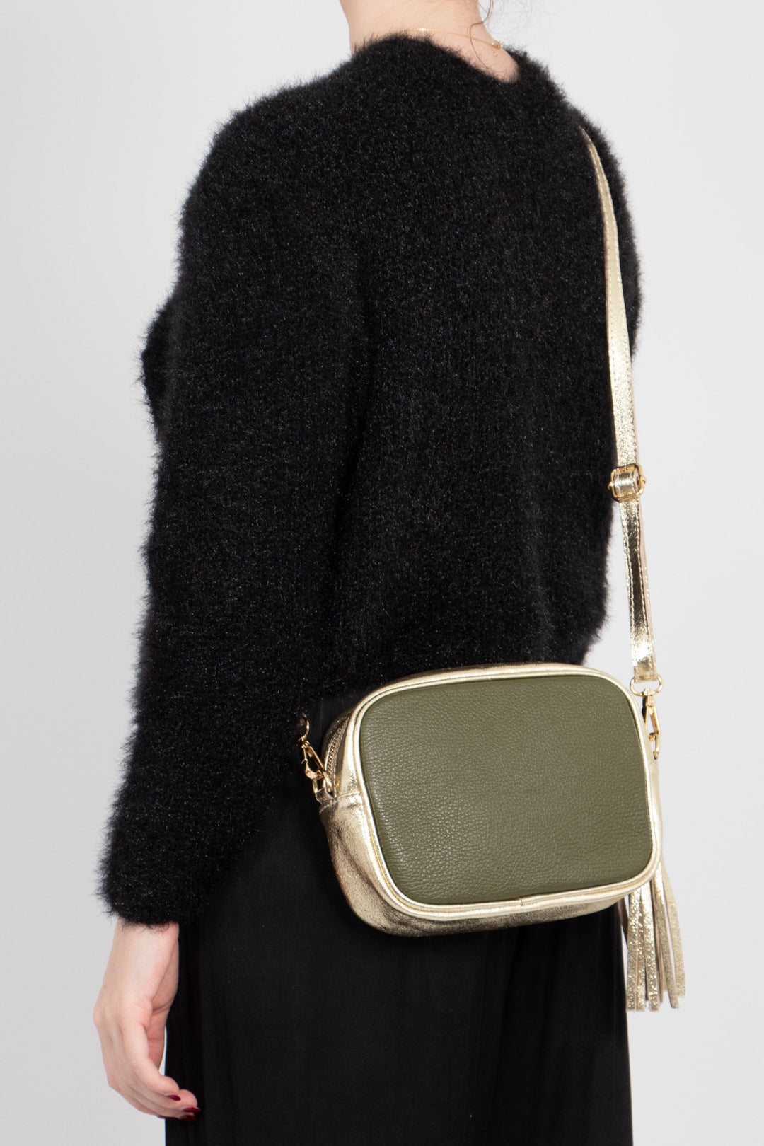 Beau - Italian Leather Crossbody Bag - Khaki/Gold, Pebbled