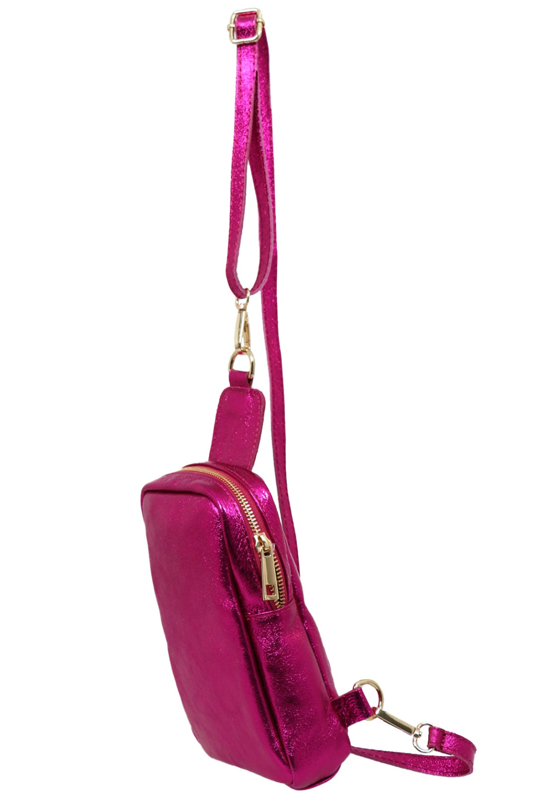 close up of the metallic pink leather sling bag, showing the zip closure and gold hardware