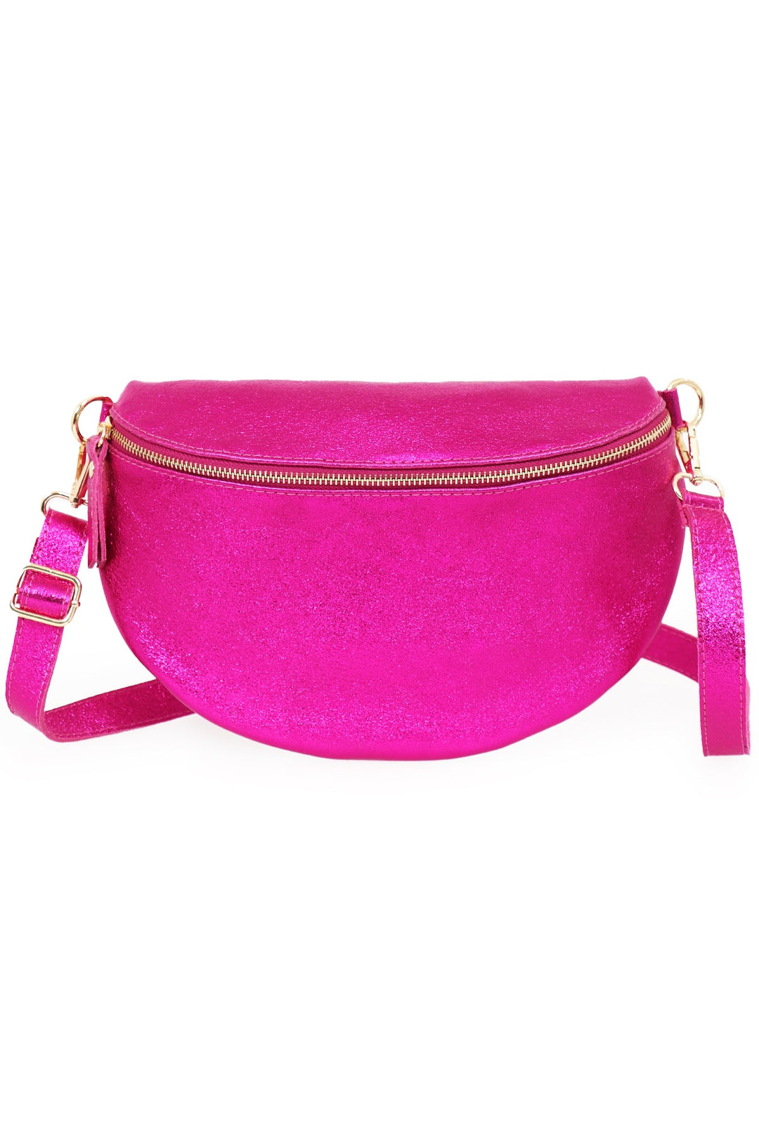 close up of the raspberry pink metallic leather bag, showing clearly the zip closure and adjustable strap