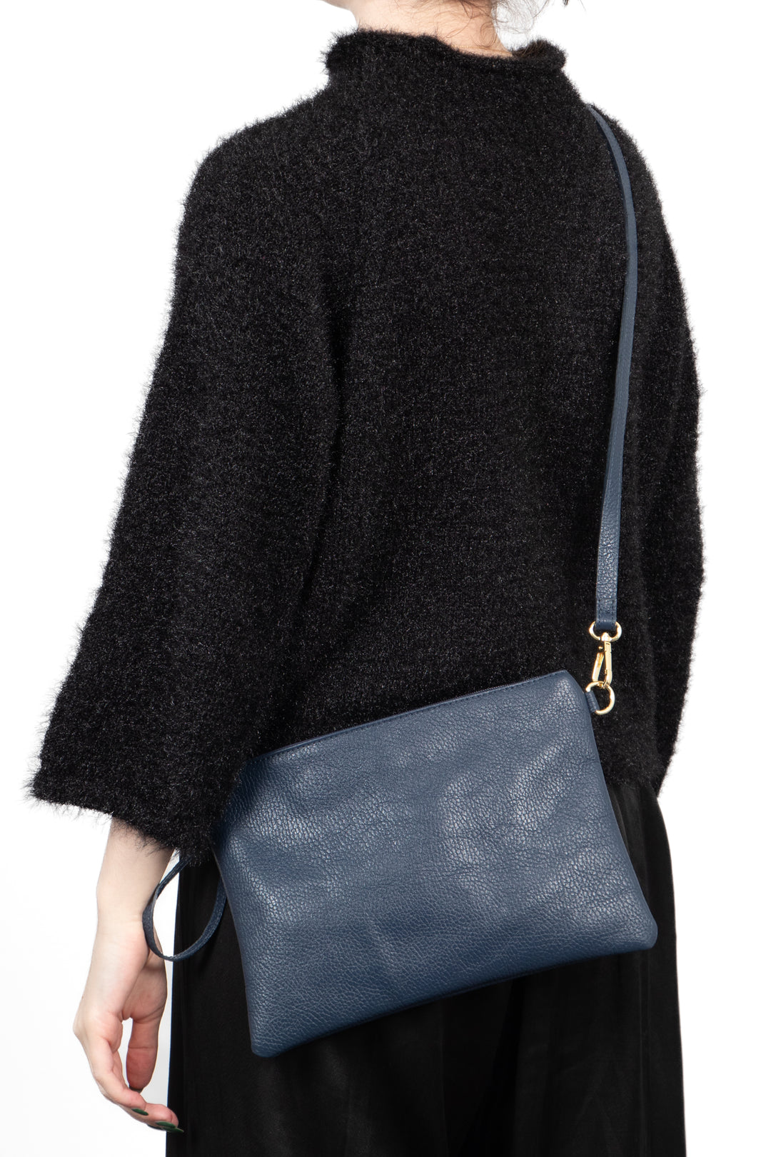 Marineblauwe grote lederen schoudertasje clutch tas