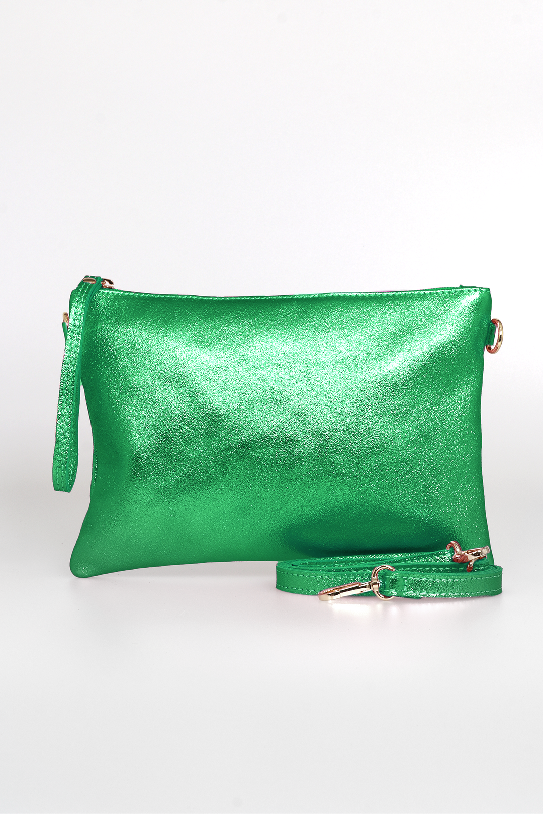 metallic green leather wristlet clutch bag with an additional attachable crossbody strap