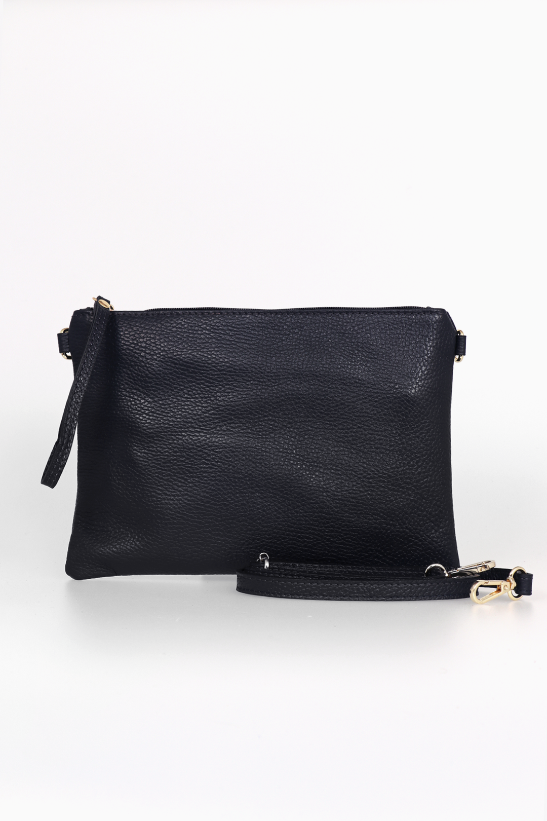 navy blue pebbled leather wristlet clutch bag with an additional attachable crossbody strap