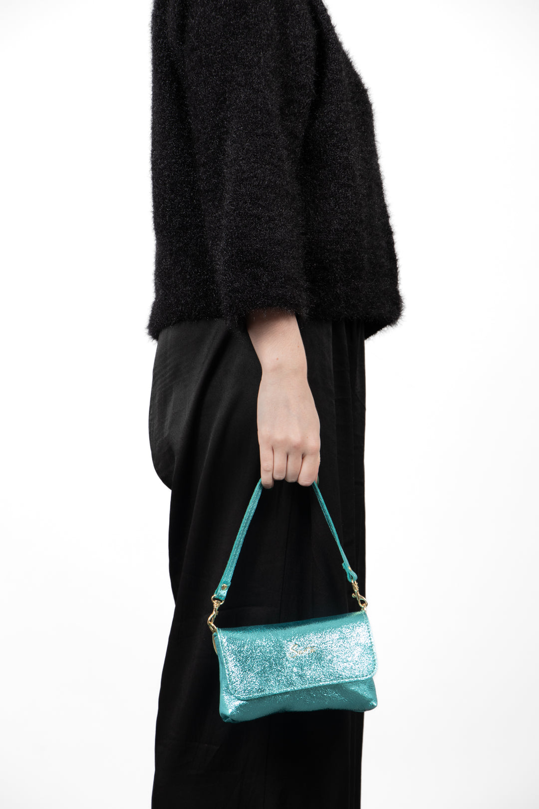 Olga Italian Leather Mini Crossbody Bag - Aqua , Metallic