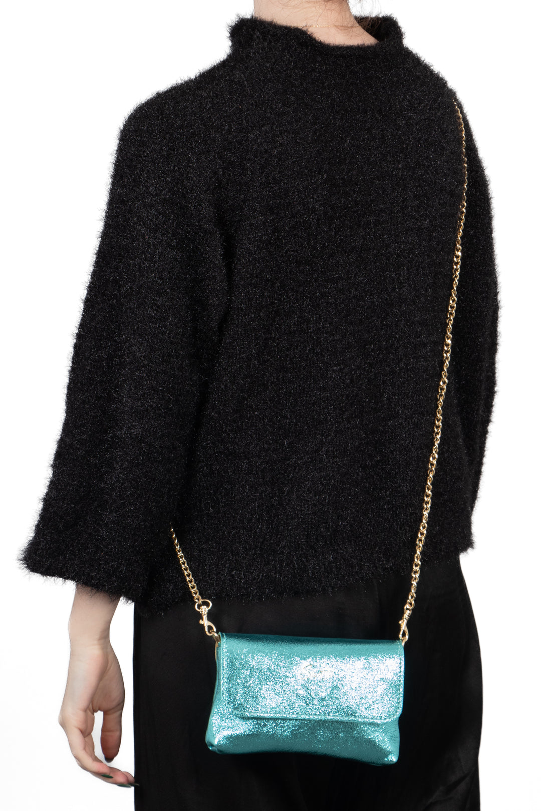 Olga Italian Leather Mini Crossbody Bag - Aqua , Metallic