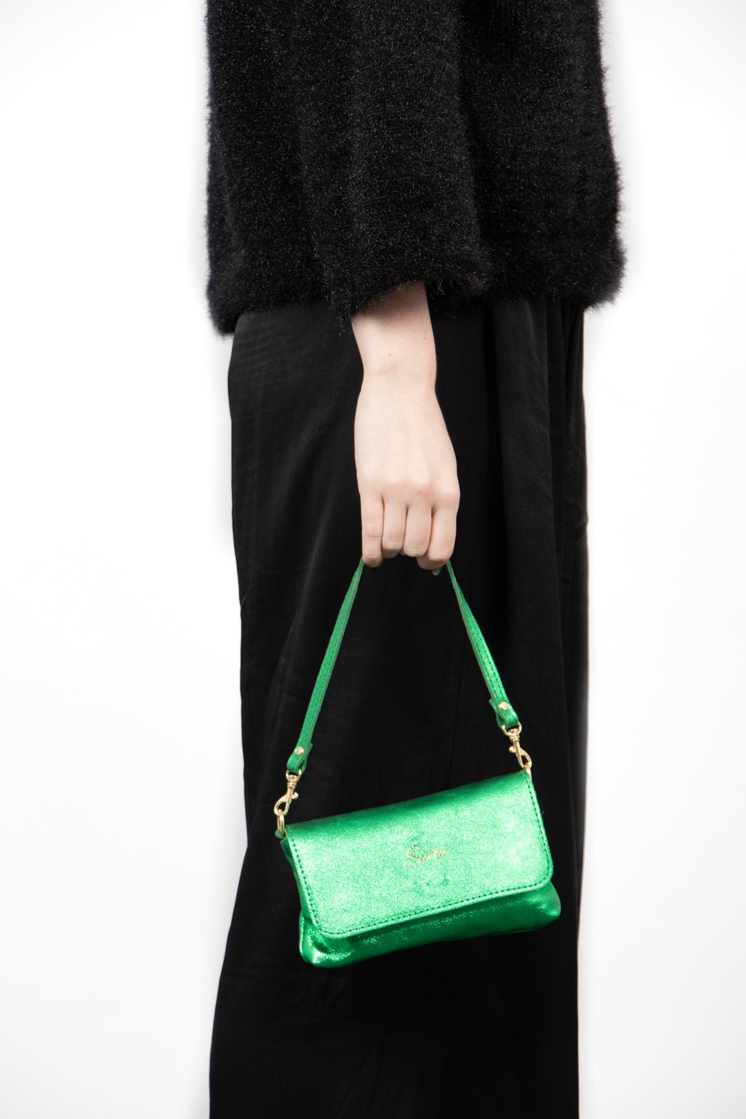 Olga Italian Leather Mini Crossbody Bag - Bright Green, Metallic