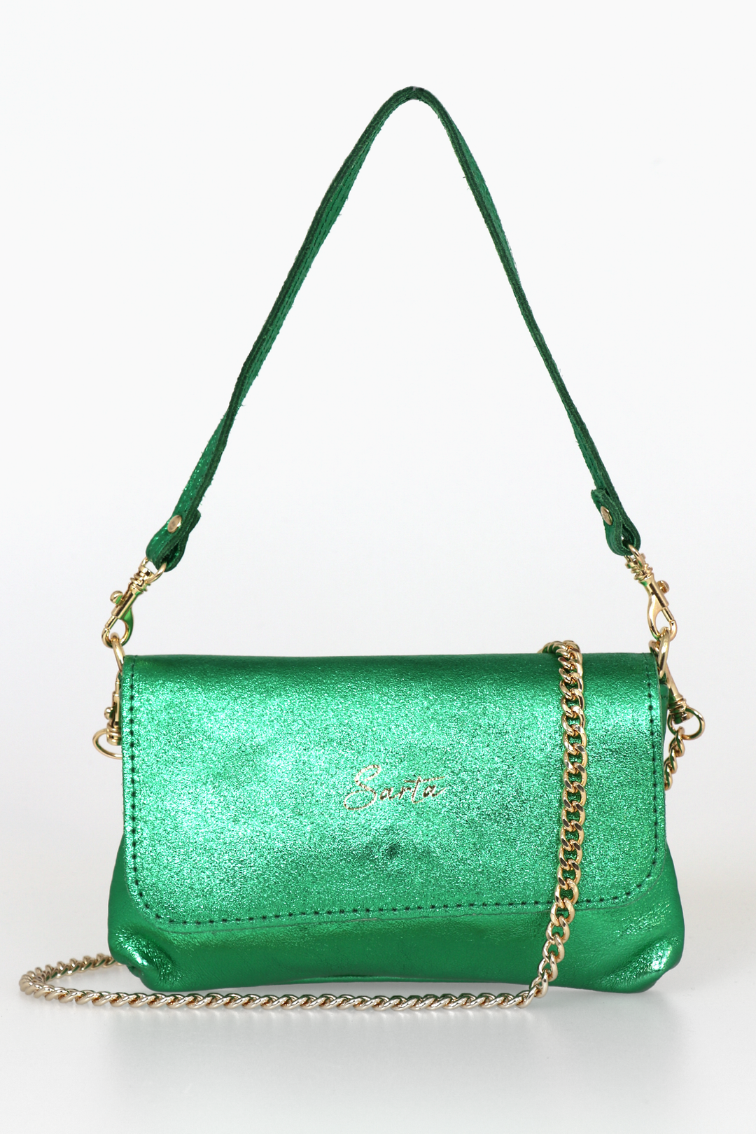 small green metallic leather bag with a detachable leather handle strap and gold chain strap, the sarta logo is embossed on the front of the bag