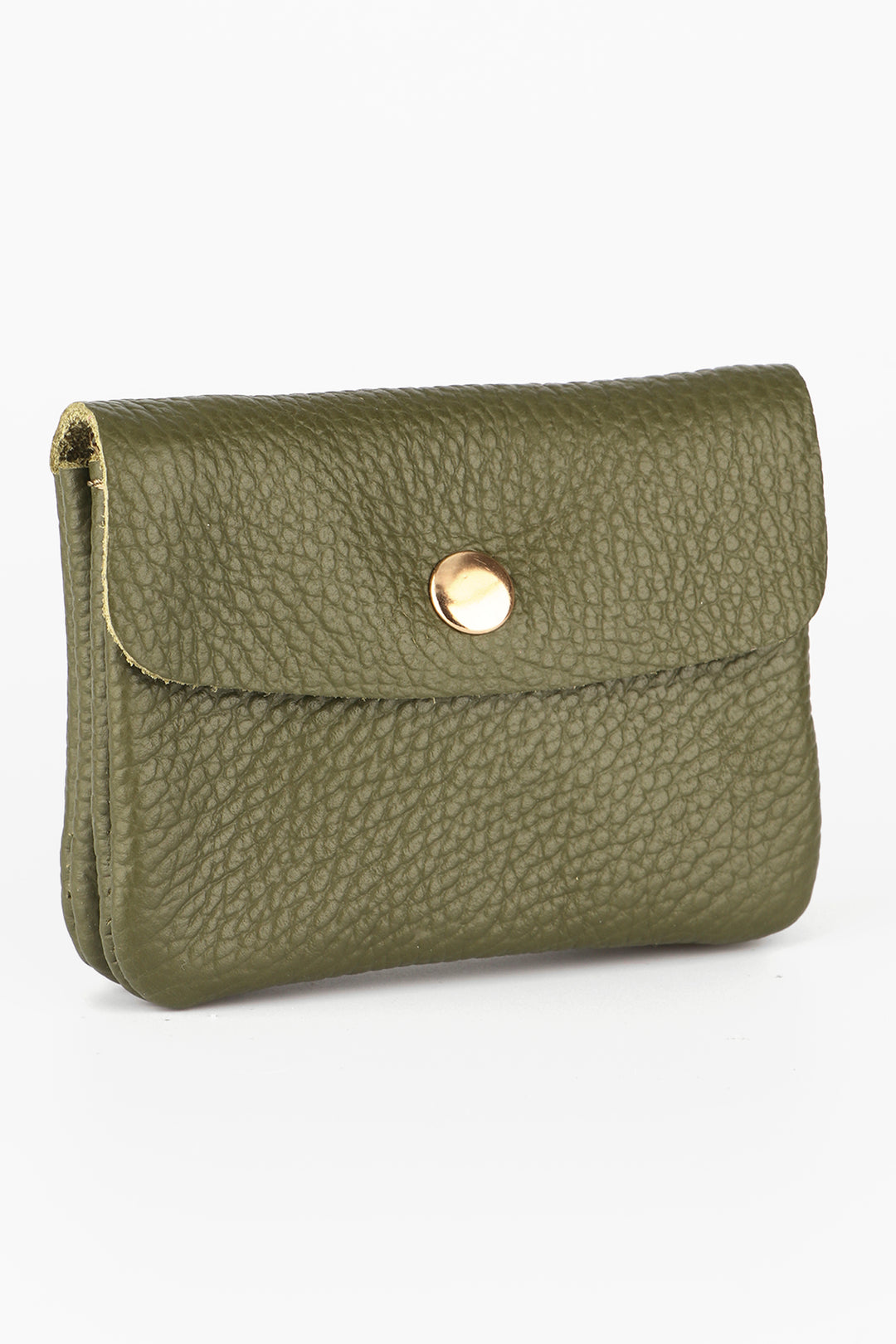 khaki green leather coin purse with a snap button closure on the outside