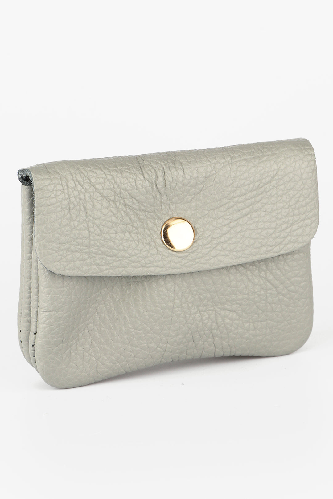 light grey italian leather coin purse with a button snap closure