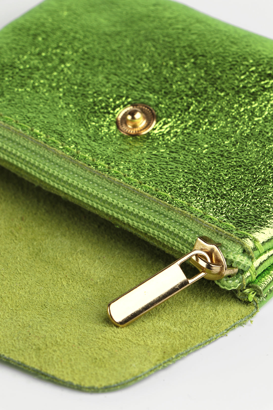 Small Italian Leather Button Fastened Coin Purse with Internal Zip in Metallic Lime