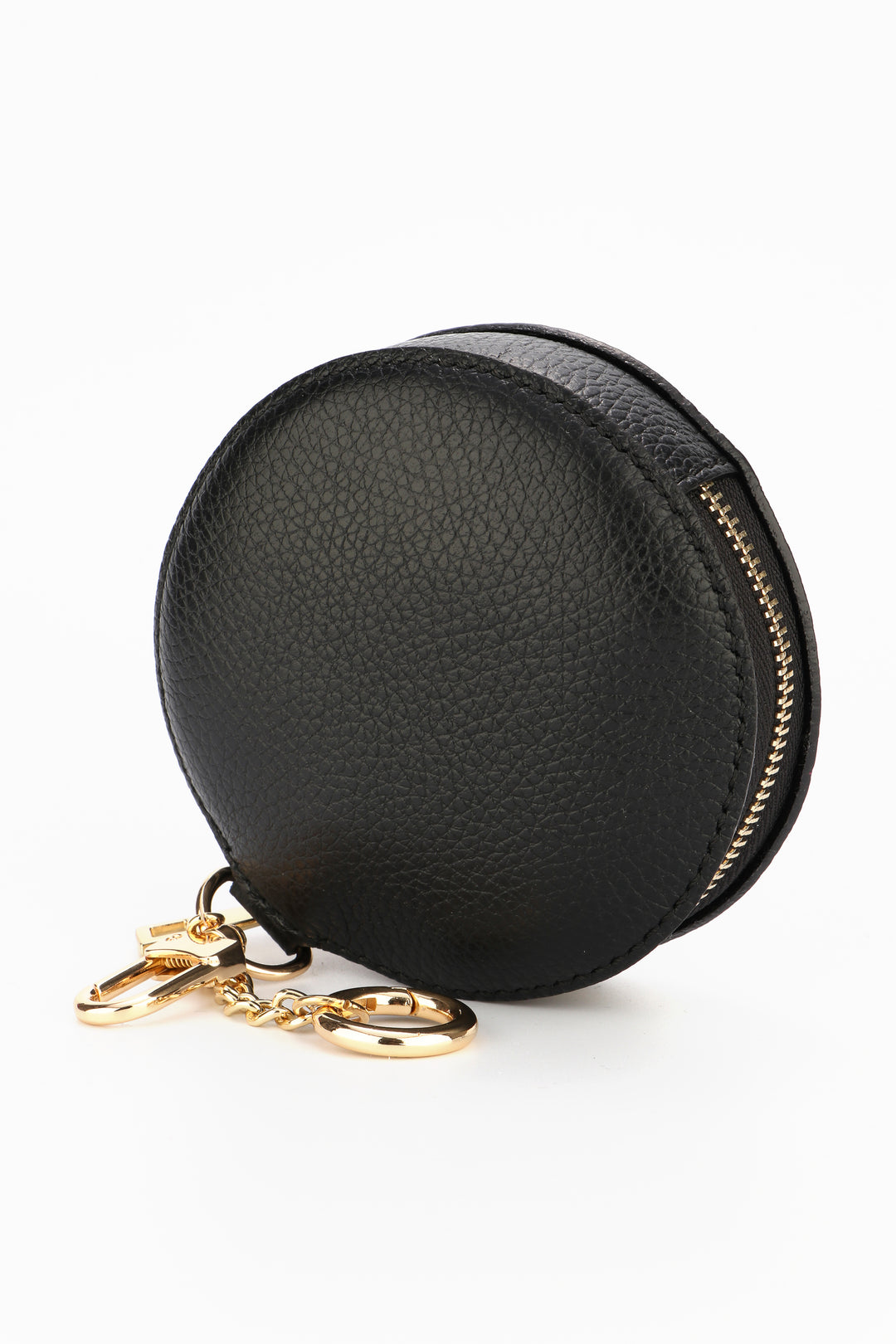 black leather round coin purse with gold zip closure and gold keychain attachments