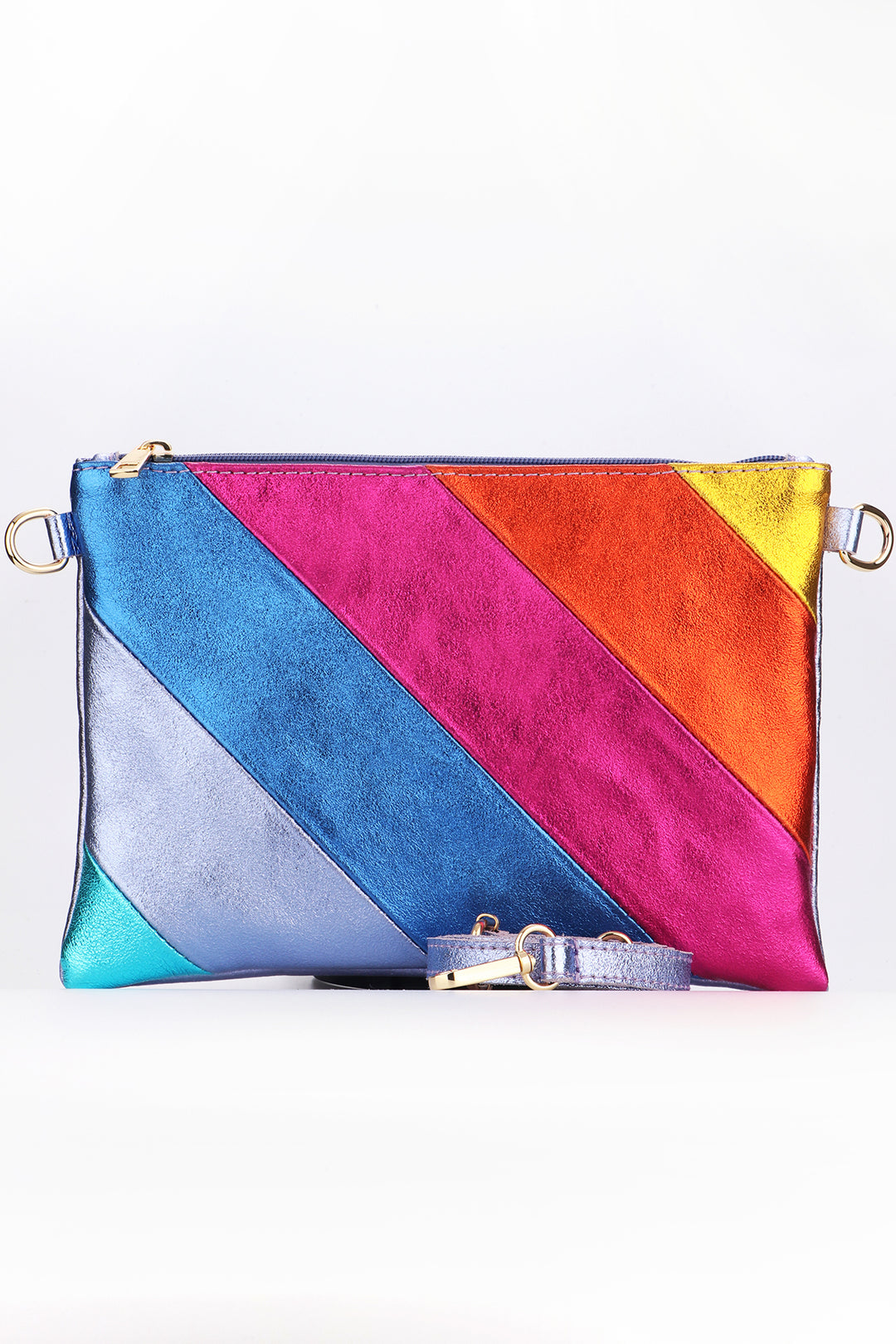 multicoloured rainbow striped leather clutch bag, stripes are yellow, orange, pink, blue, lilac and turquoise. the clutch bag has a detachable lilac leather wrist strap