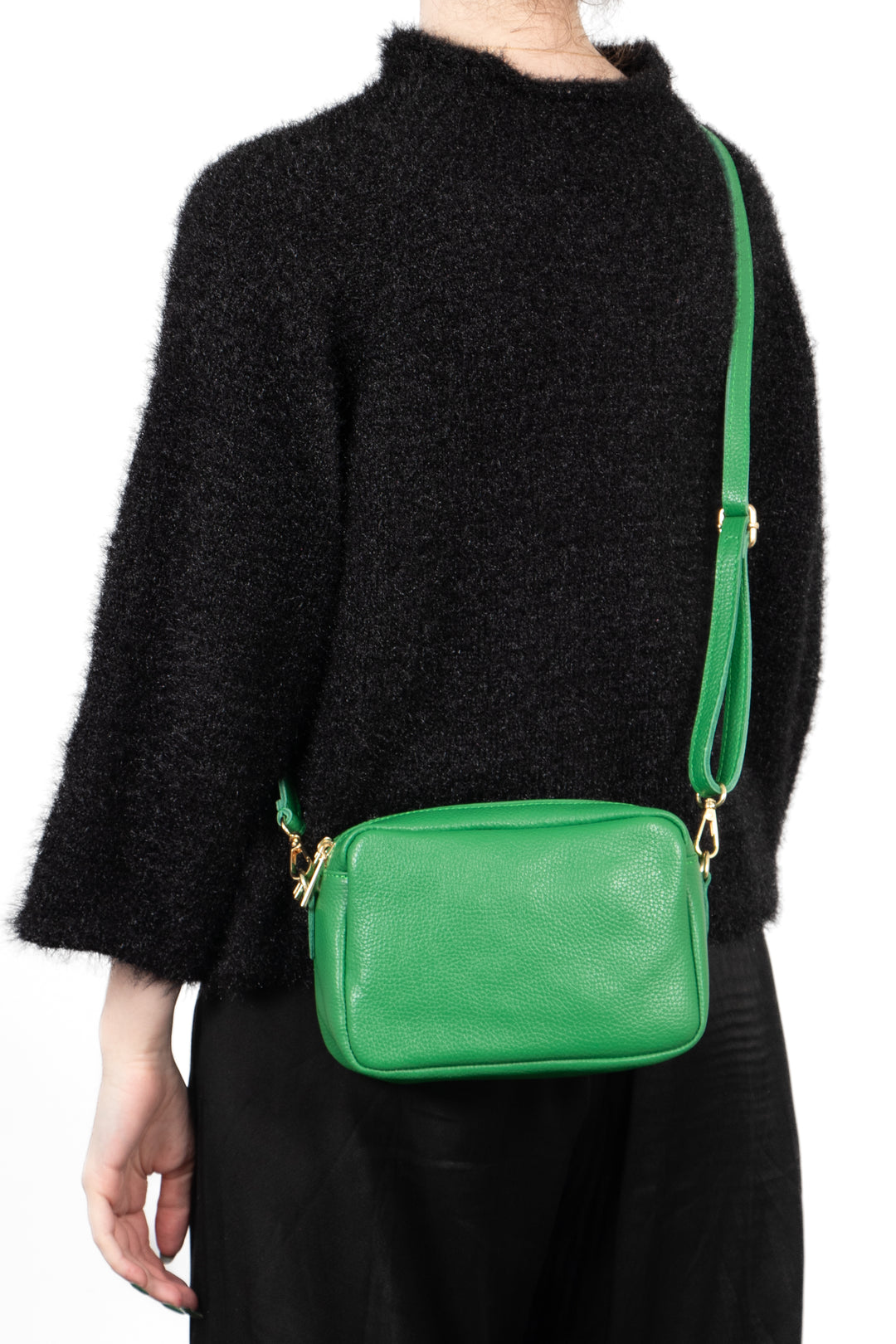 Naomi - Italian Leather Crossbody Bag - Bright Green, Pebbled