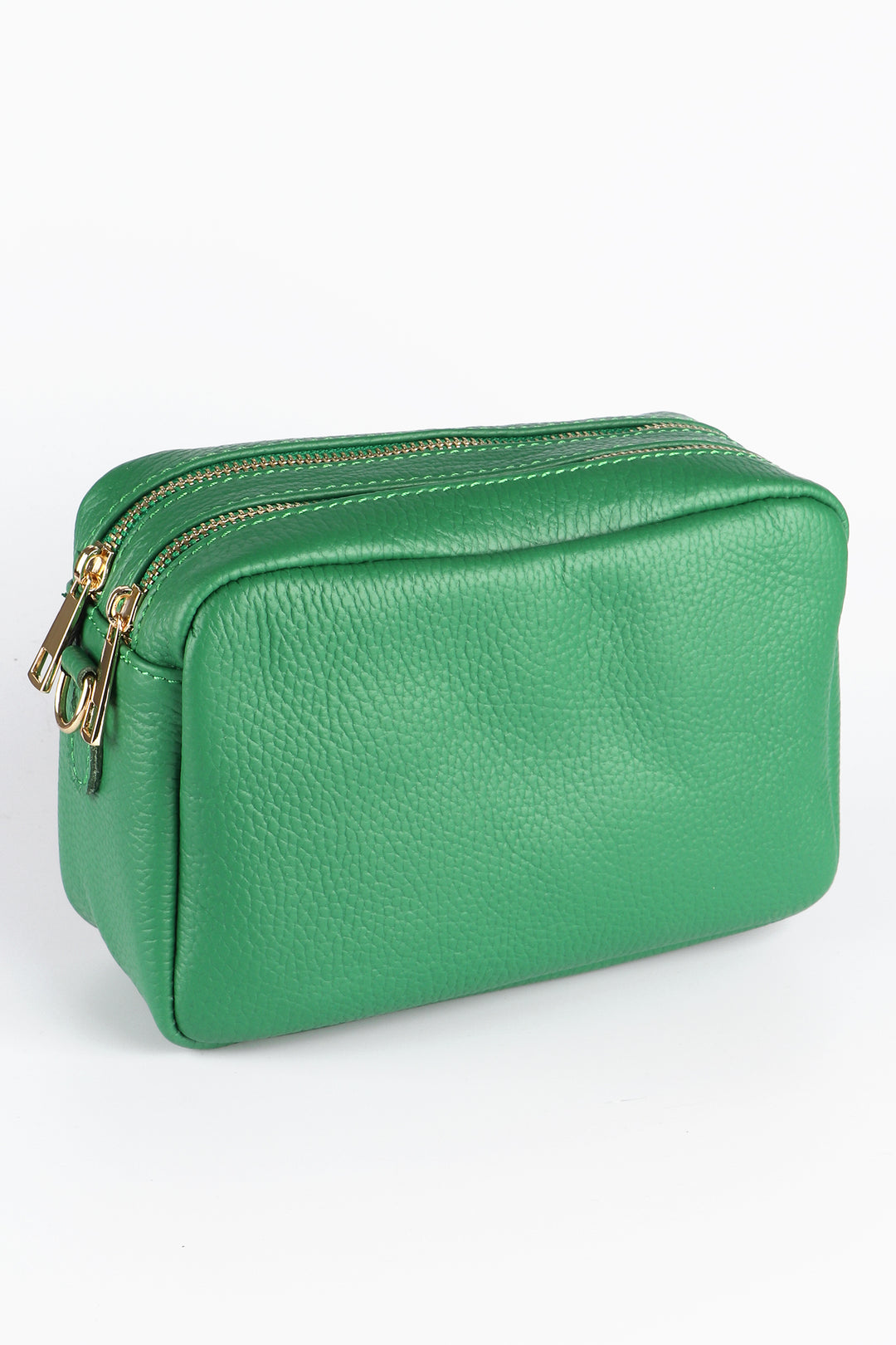 bright green genuine leather cross body camera bag with two zip closing compartments and a matching detachable shoulder strap