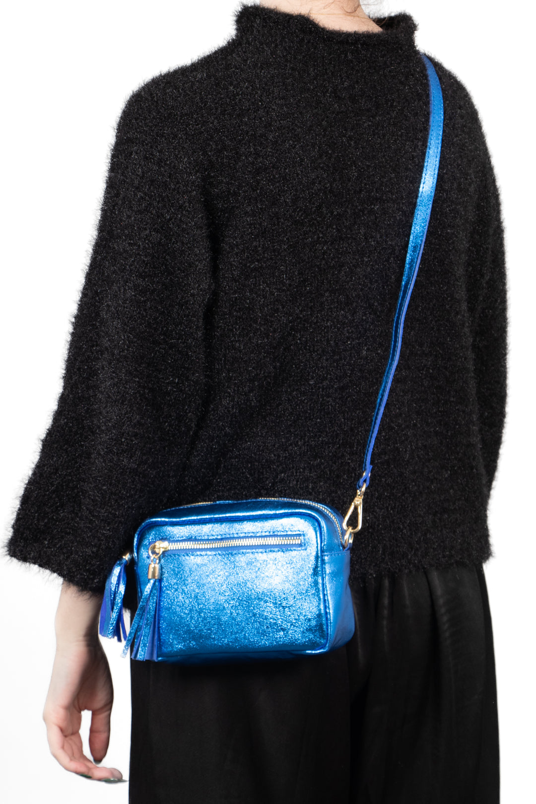fleur-italian-leather-small-crossbody-bag-blue-metallic-worn-by-model