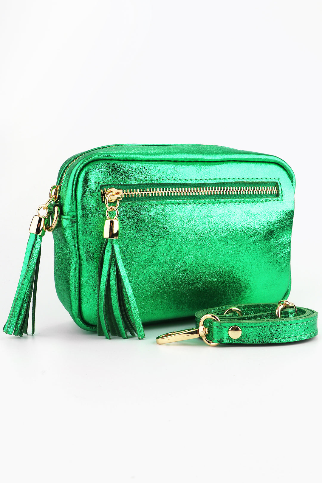 metallic green leather crossbody camera bag with two zip closing compartments, tassles and gold clip on hardware