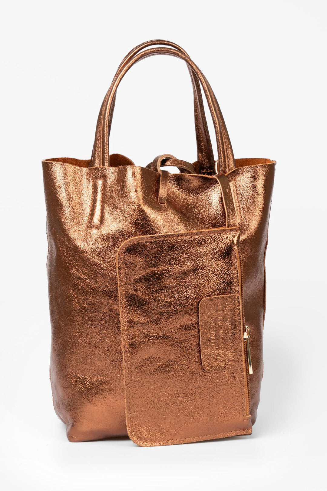 verona-italian-leather-small-tote-bag-bronze-metallic-front-view-showing-internal-wallet