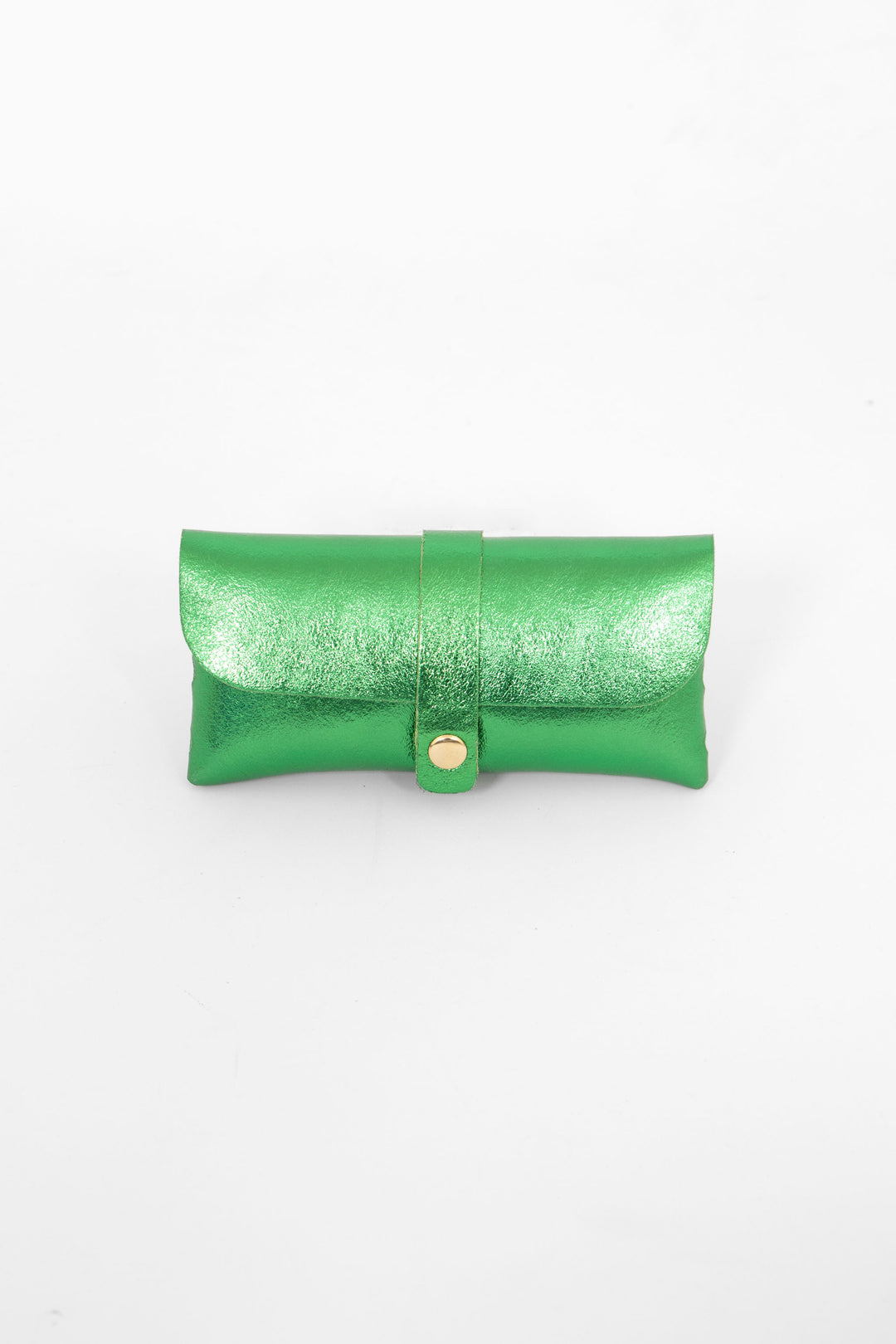 metallic bright green leather sunglasses case. the case wraps around the glasses and closes with a front gold button fastening