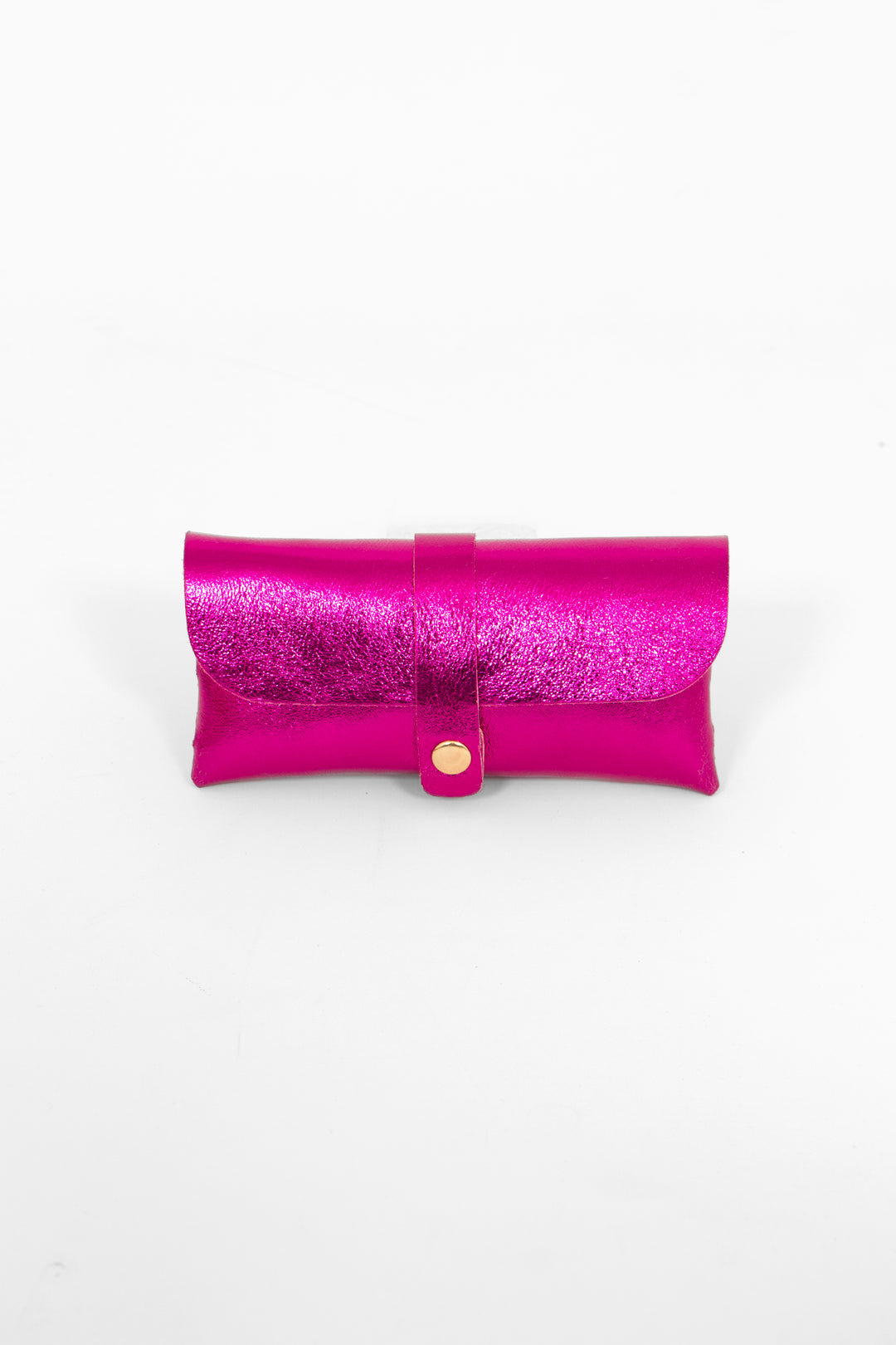 metallic raspberry pink leather sunglasses case. the case wraps around the glasses and closes with a front gold button fastening