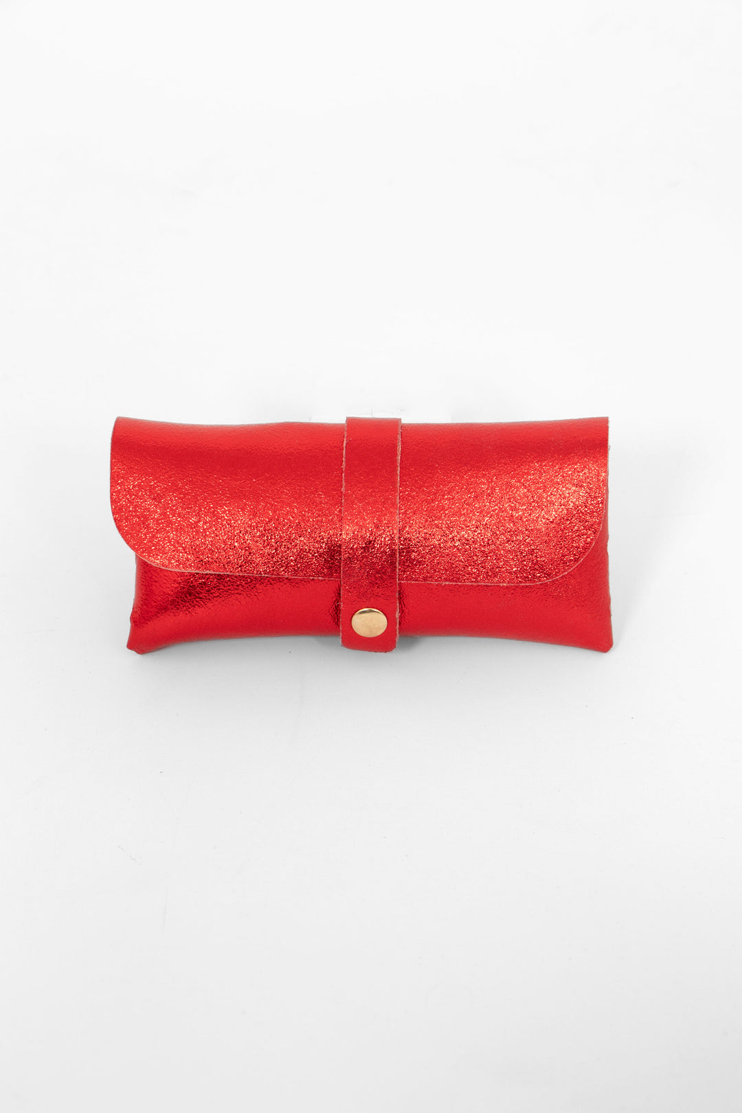 metallic scarlett red leather sunglasses case. the case wraps around the glasses and closes with a front gold button fastening