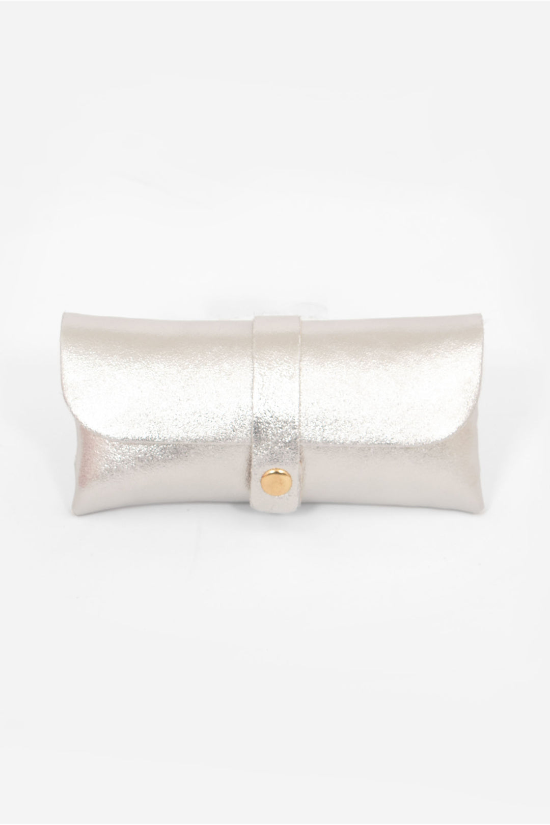 metallic silver leather sunglasses case. the case wraps around the glasses and closes with a front gold button fastening