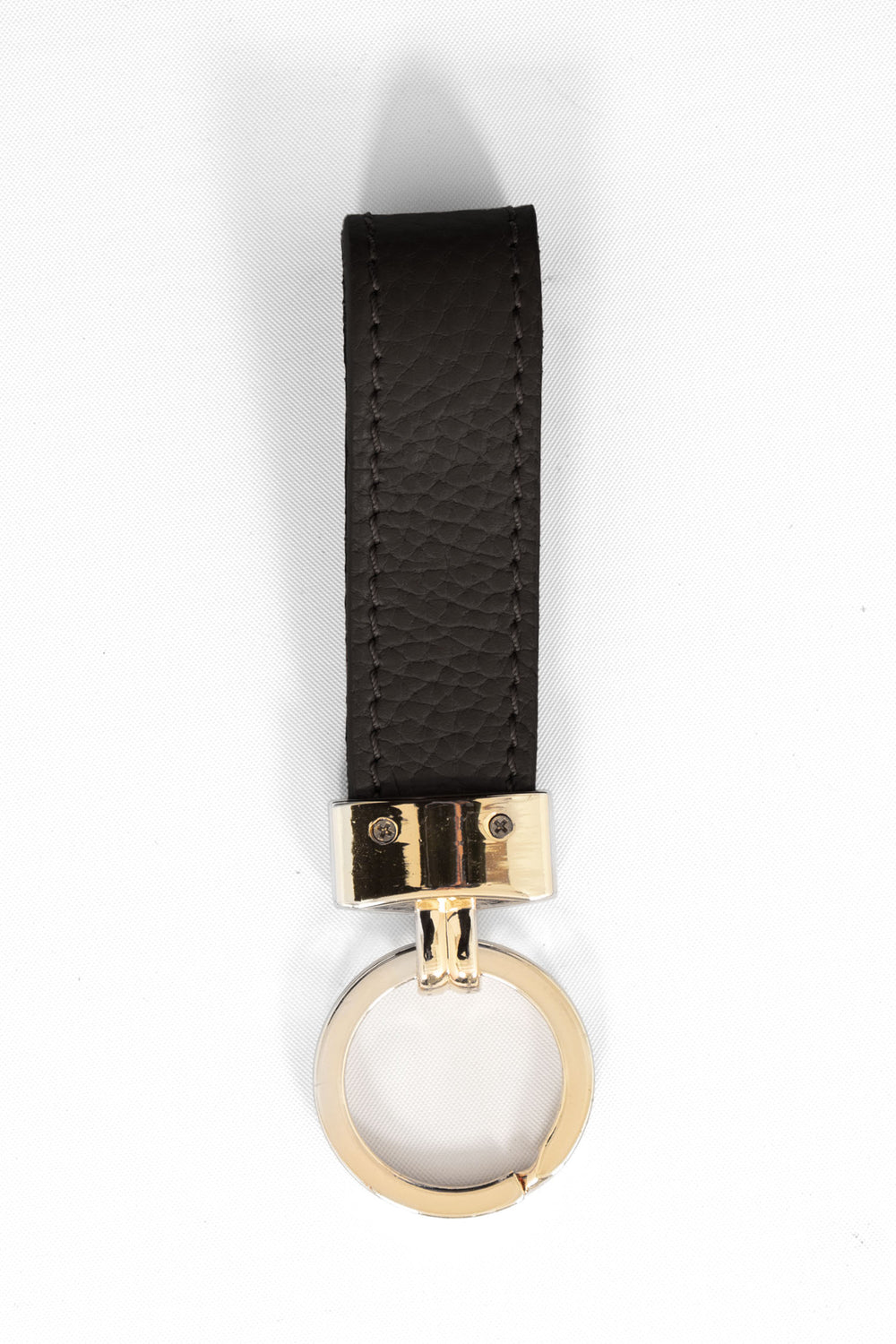 pebbled black leather loop keyring with a gold loop attachment.