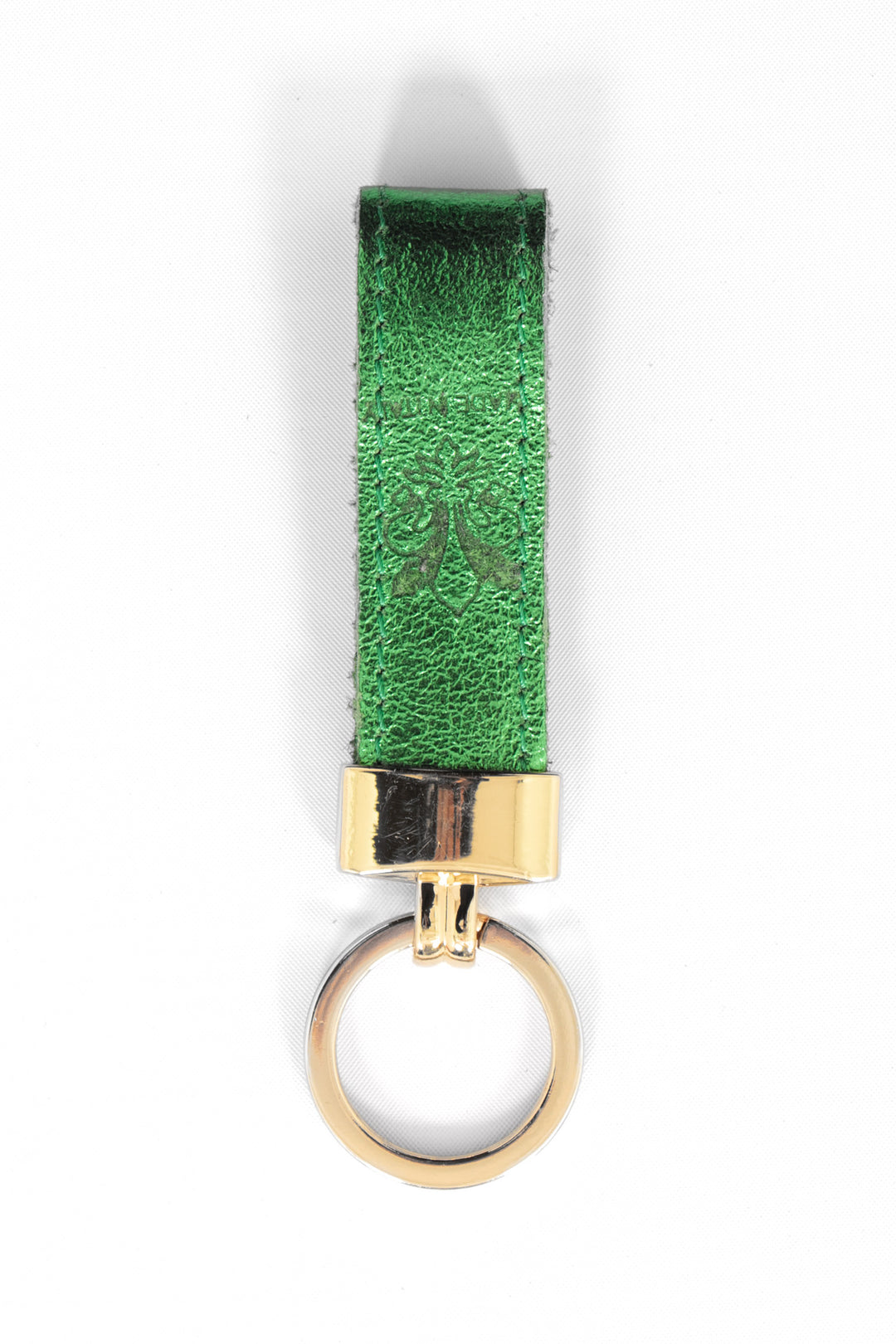 metallic green leather loop keyring with a gold loop attachment.