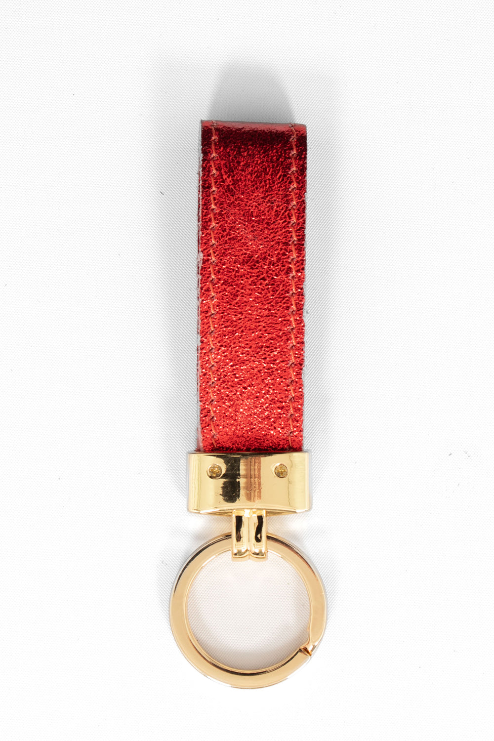 metallic red leather loop keyring with a gold loop attachment.