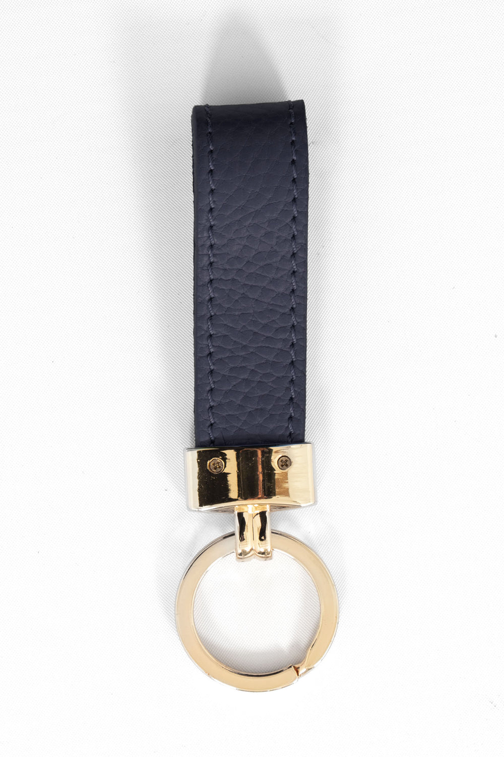 pebbled navy blue leather loop keyring with a gold loop attachment.