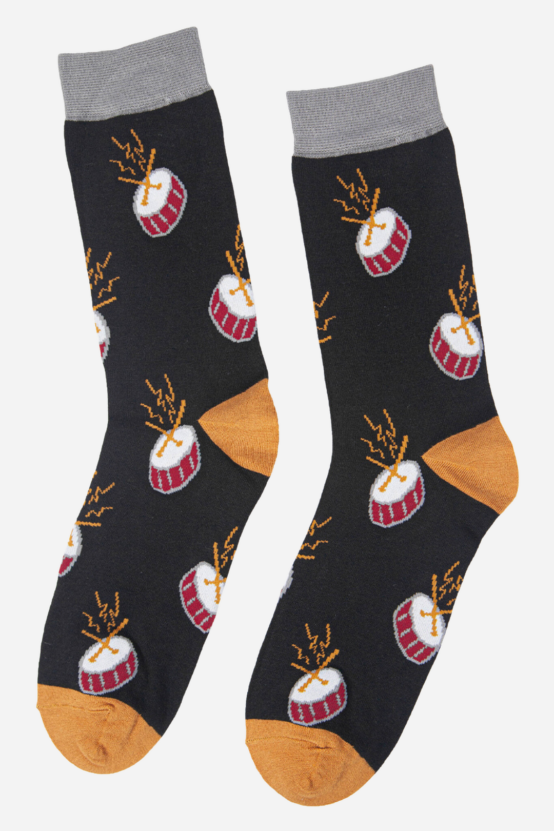 mens black drummer socks with an all over pattern of banging drums