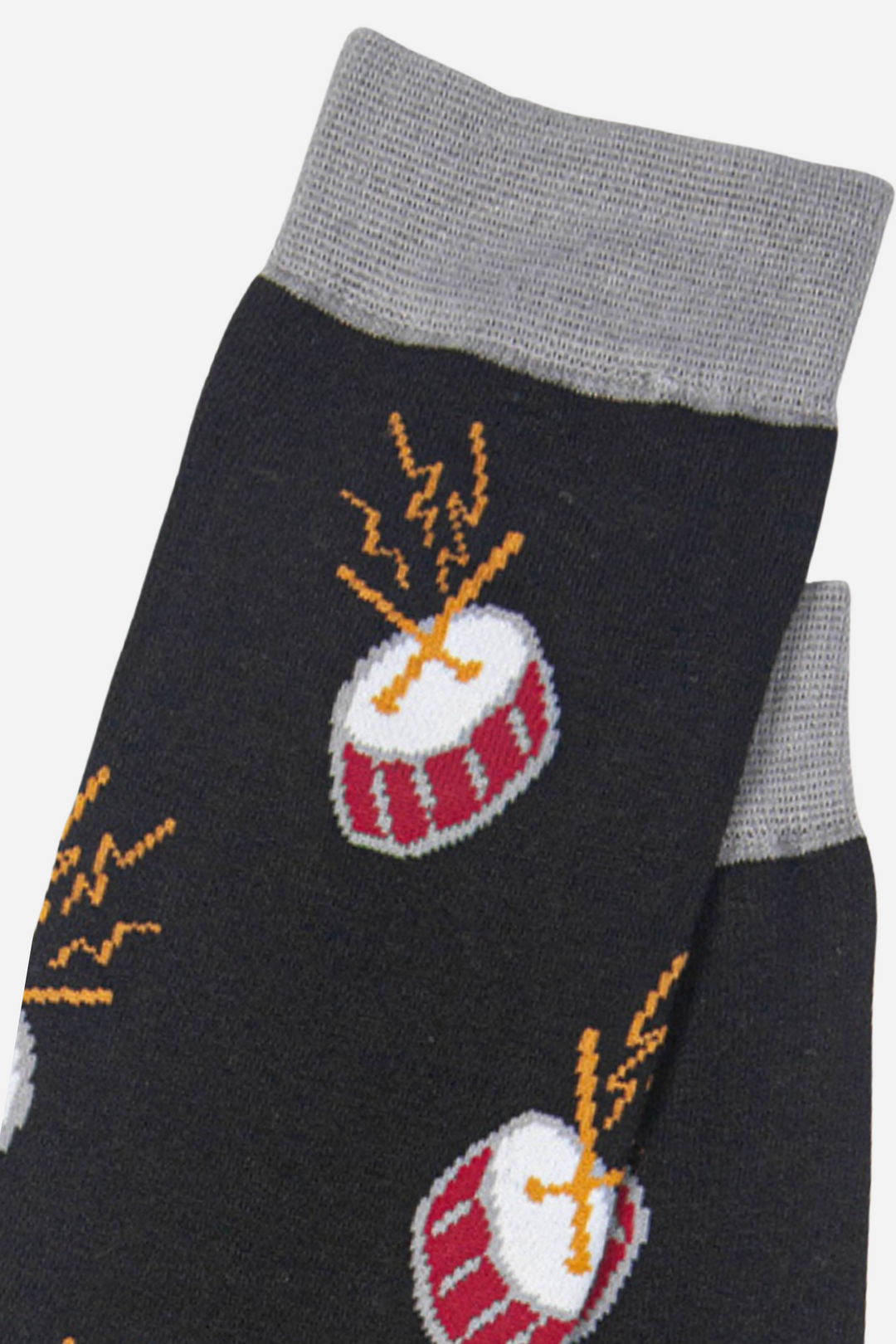 close up of the drum pattern on the black bamboo dress socks