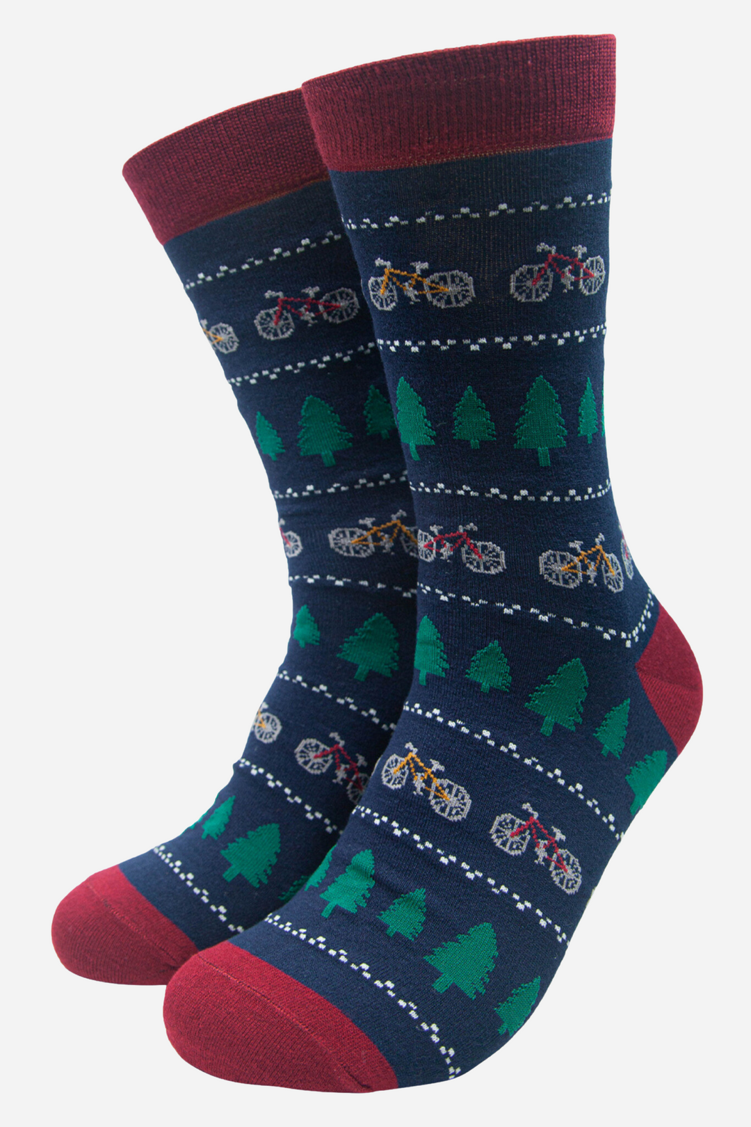 navy blue socks with a pattern of fair isle style mountain bikes and green trees