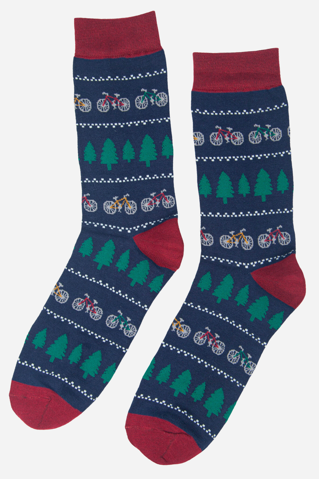 navy blue and burgundy socks with a pattern of bikes and trees