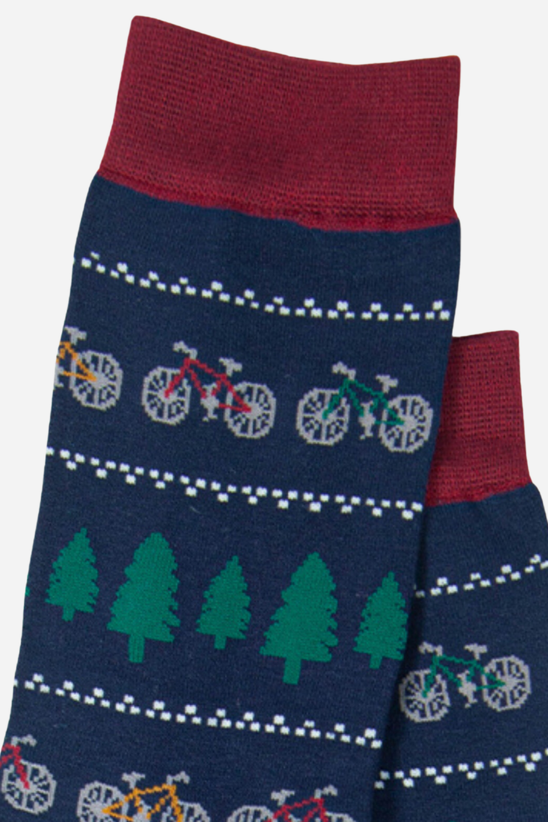 close up of the fair isle pattern of trees and bikes